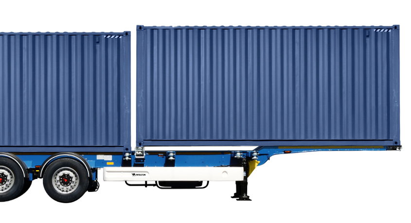 Befestigung des ersten 20’ Containers am vorderen Holm - ermöglicht die Entladung direkt von der Frontseite des Fahrzeugs.
